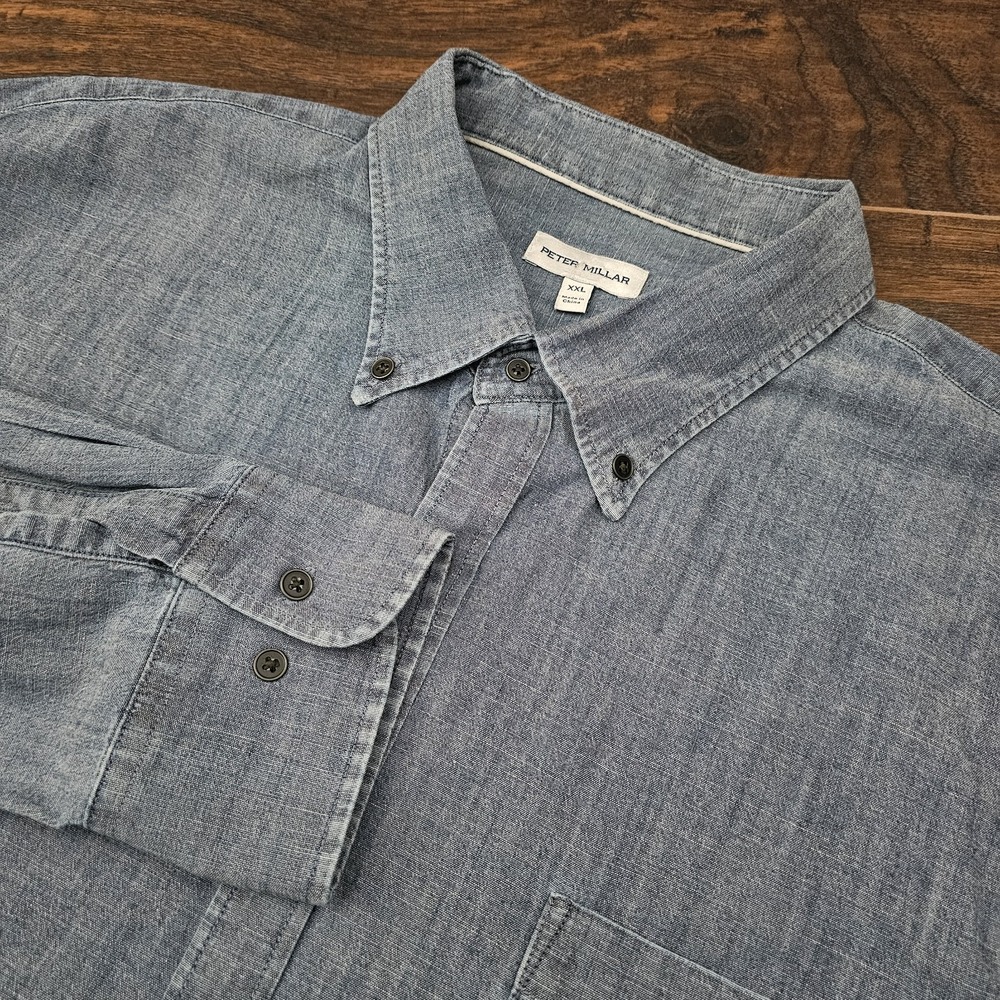Peter‎ Millar Men's XXL Blue Button Down Shirt Long Sleeve Denim Look